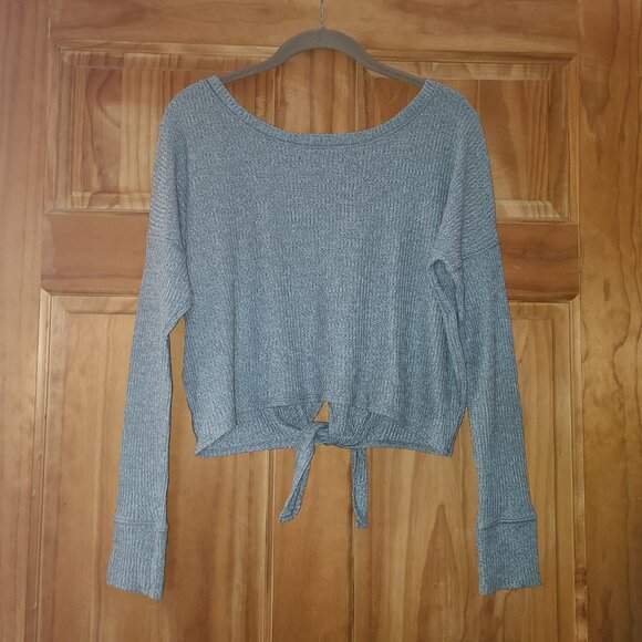 Abercrombie & Fitch Gray Ribbed Boatneck Tie Front Long Sleeve Top - Picture 2 of 2
